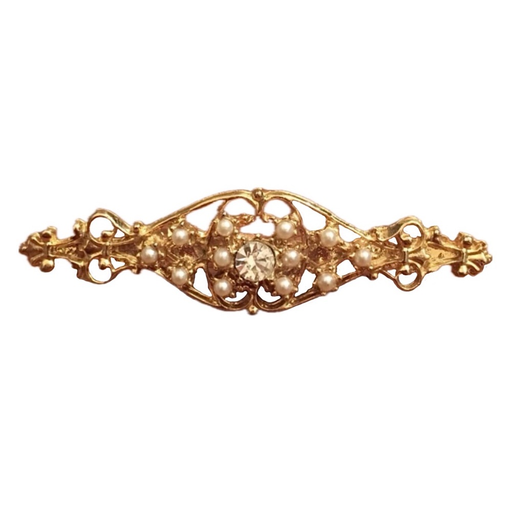 Gold Filigree Brooch with Pearl and CZ Accents